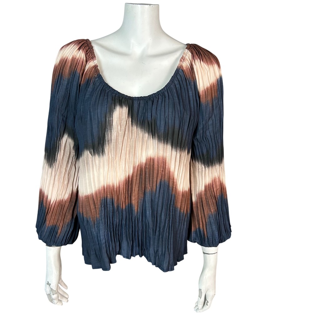 Bella Dahl Top Blouse Large Pleated Earthy Boho Tie Dye Chevron Scoop Neck Navy